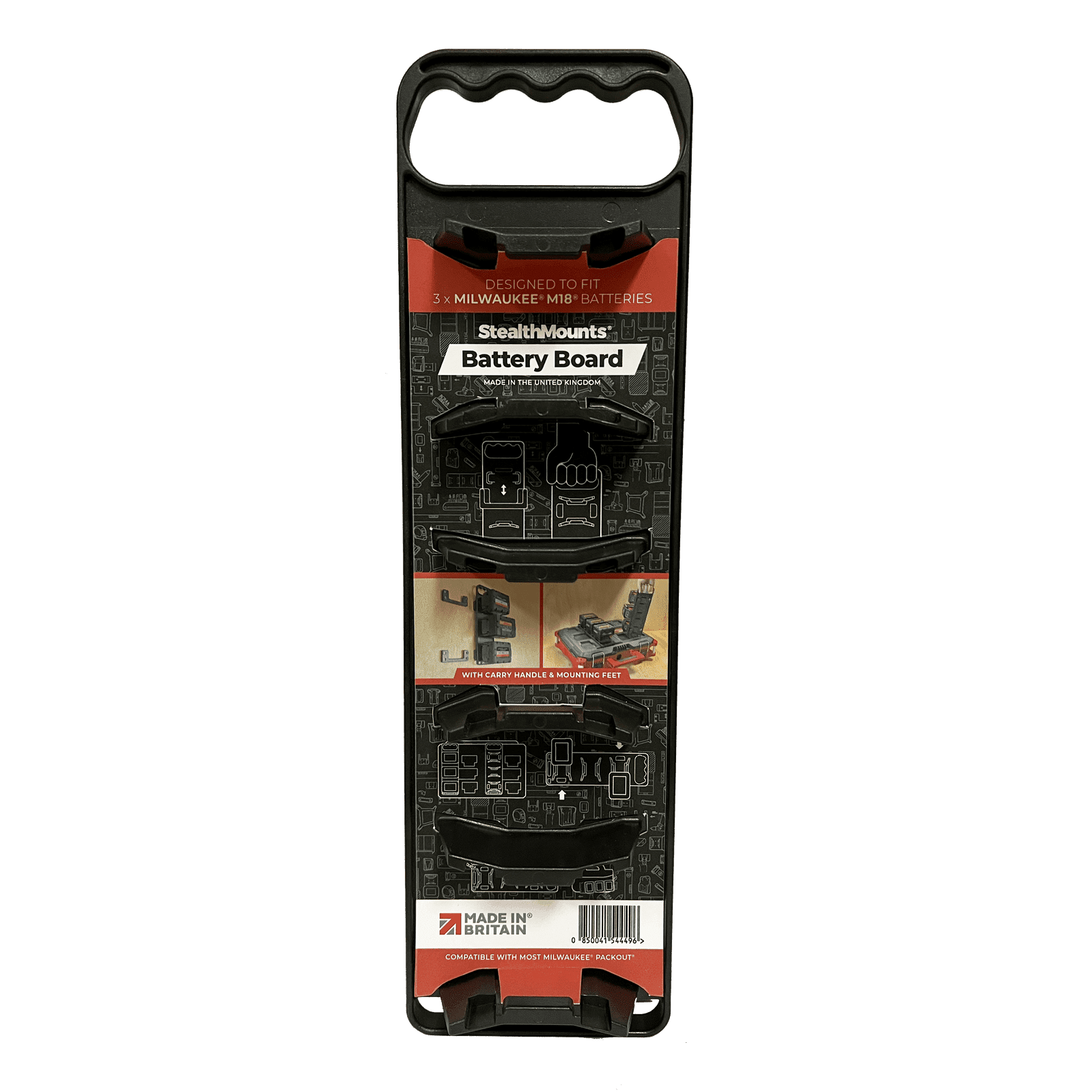 StealthMounts Milwaukee M18 Battery Holder Board with Handle and Packout Feet